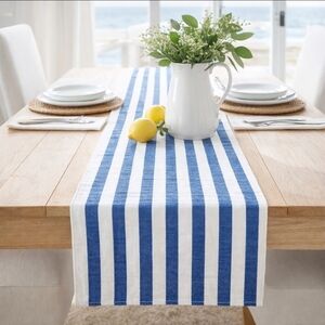 Pier 1 Blue & White Cabana Stripe Cotton Table Runner 72” Coastal NWOT